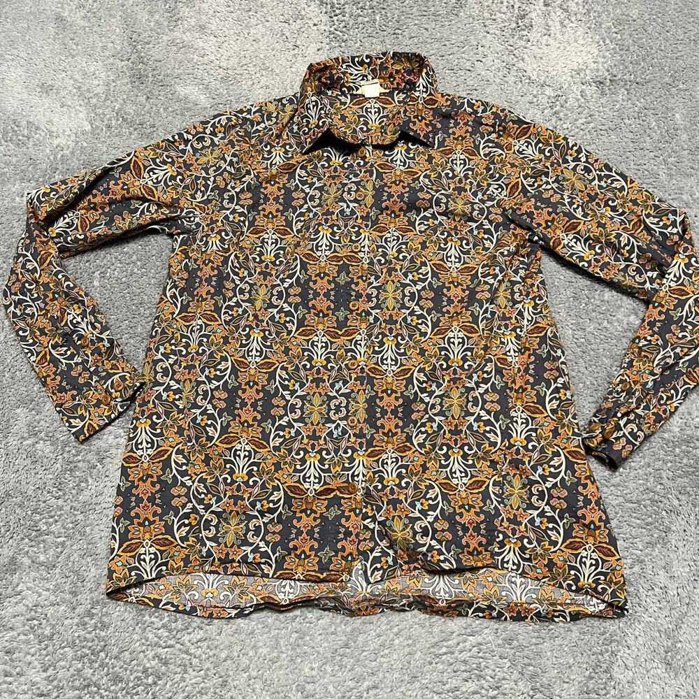 Duluth Trading Co Button Shirt Womens XS Floral Blue Brown Tunic Top Pockets
